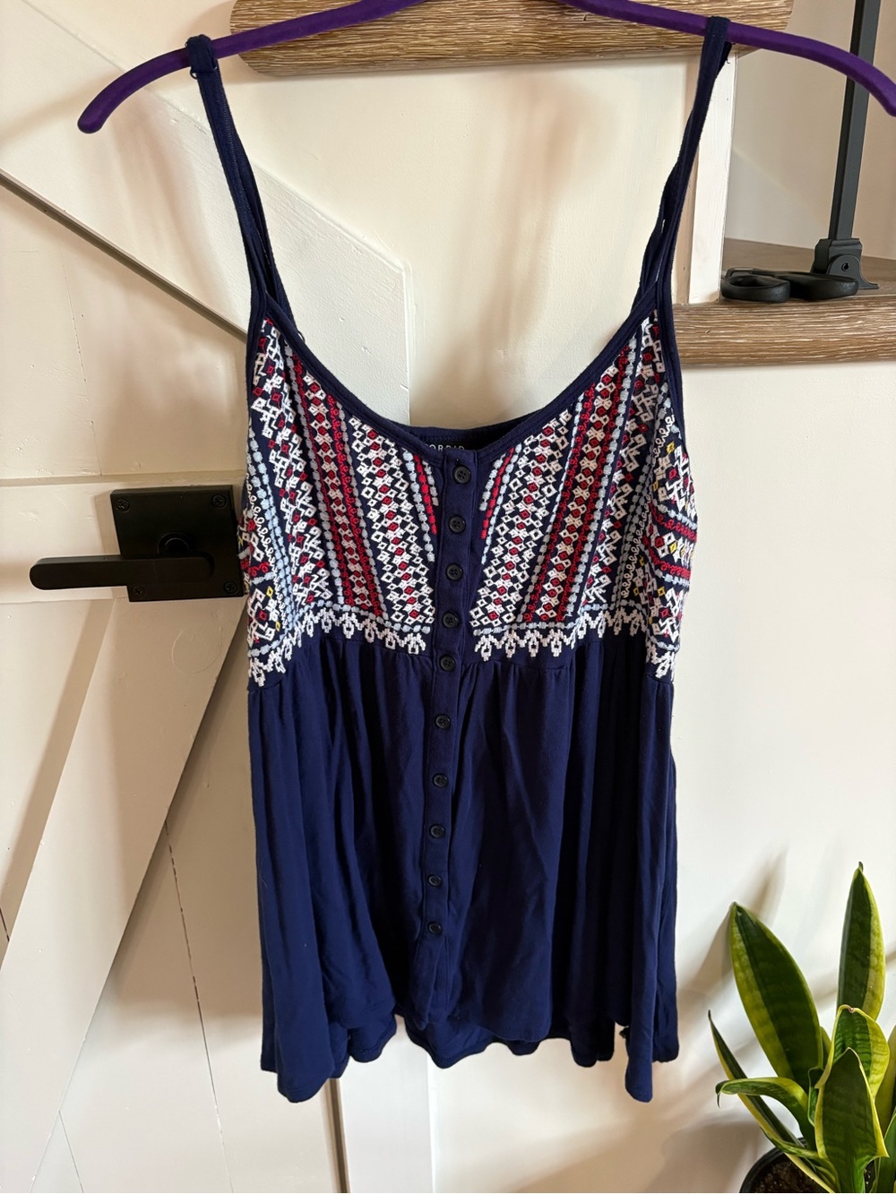 torrid Navy Embroidered Button-Front Camisole with Red & White Detail